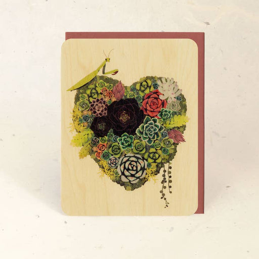 Succulent Heart Grasshopper Wood Card