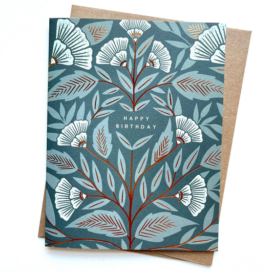 Happy Birthday Foil or Block Printed Floral Card