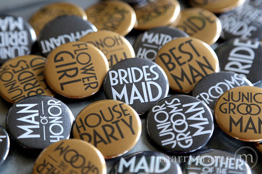 Bridal Party Buttons Deco Style - mother of the bride and groom, bride, maid of honor, matron of honor, junior bridesmaid, flower girl, bridesmaid buttons