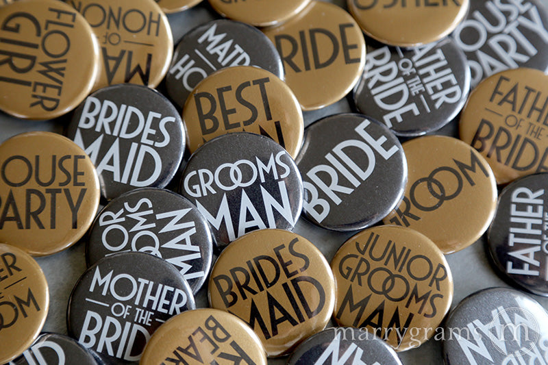 Bridal Party Buttons Deco Style - mother of the bride and groom, bride, maid of honor, matron of honor, junior bridesmaid, flower girl, bridesmaid buttons
