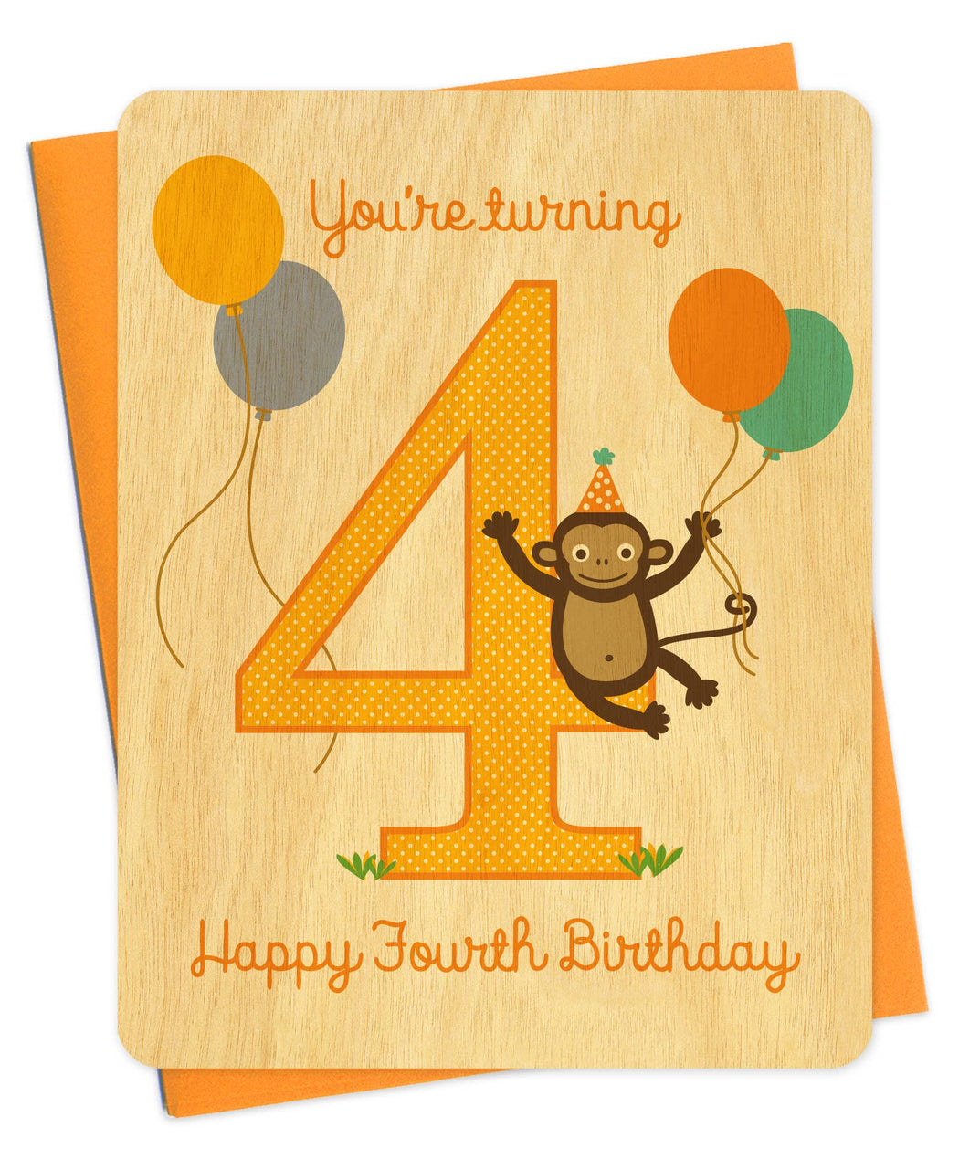 Monkey Youre Turning 4 Wood Birthday Card
