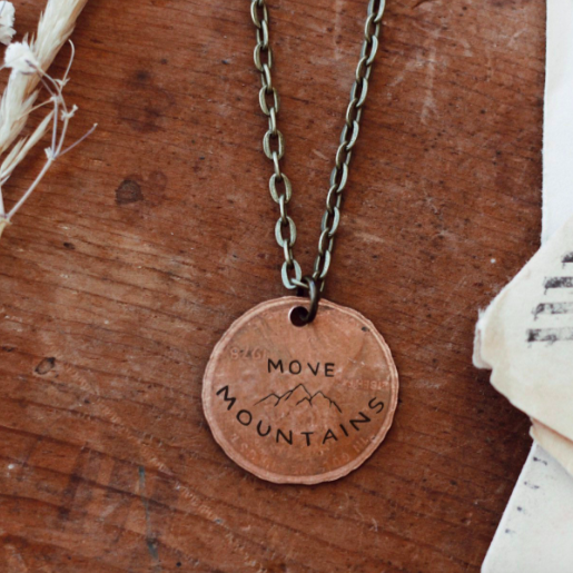 Move mountains traveling penny stamped necklace