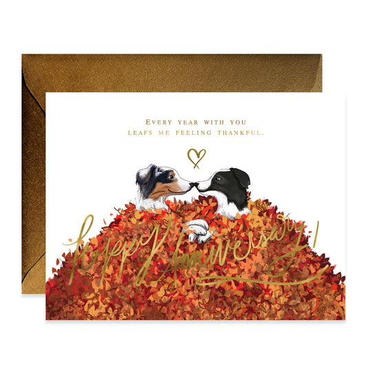 Dogs Leafs Me Feeling Thankful Anniversary Card