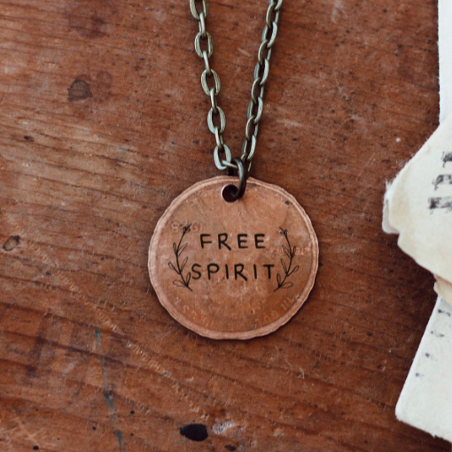 Free spirit traveling penny stamped necklace
