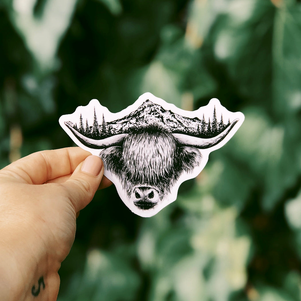 Mountainous Highland Cow Vinyl Sticker
