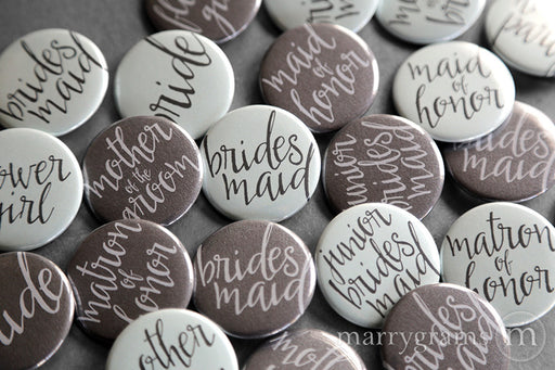 Bridal Party Buttons Aqua & Charcoal - bridesmaid, maid of honor, matron of honor, flower girl, junior bridesmaid, bride, mother of the bride and groom buttons
