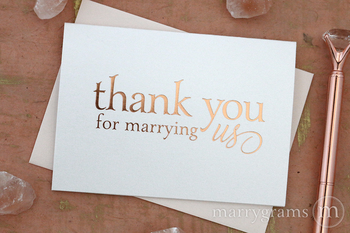 rose gold Foil Thank You for Marrying Us officiant wedding day Card
