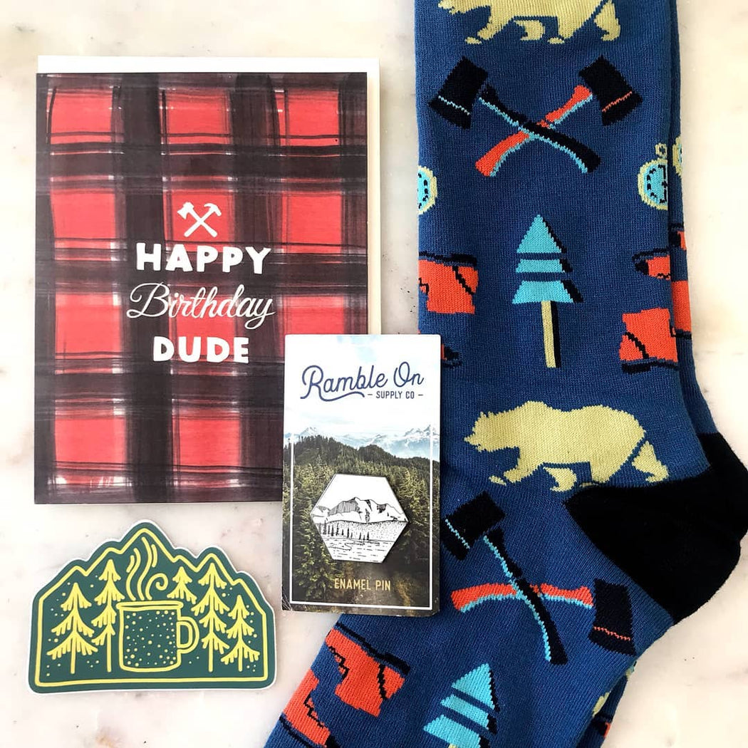 Camper Coffee Vinyl Sticker, enamel pin, socks and plaid happy birthday card