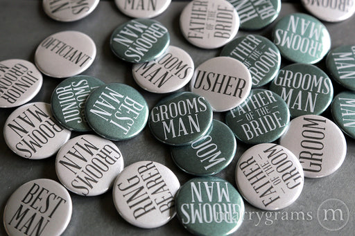 Guys Bridal Party Buttons Silver & Evergreen