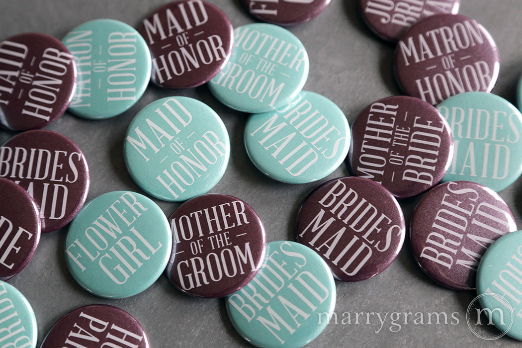 Bridal Party Buttons Plum and Lagoon - bride, mother of the bride, mother of the groom, bridesmaid, maid of honor, matron of honor, junior bridesmaid, flower girl
