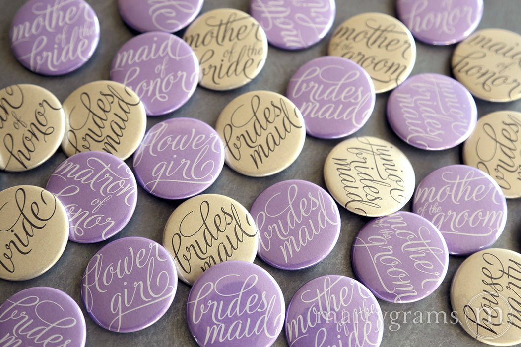 Bridal Party Buttons Script Lilac and Champagne  - bride, mother of the bride, mother of the groom, bridesmaid, maid of honor, matron of honor, junior bridesmaid, flower girl