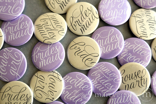 Bridal Party Buttons Script Lilac and Champagne - bride, mother of the bride, mother of the groom, bridesmaid, maid of honor, matron of honor, junior bridesmaid, flower girl