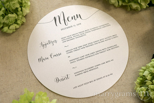 Custom round menus for wedding, rehearsal dinner, events