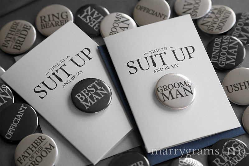 Time to Suit Up Groomsman proposal Button Cards