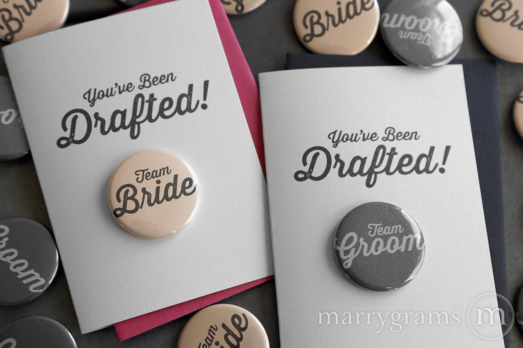 You've Been Drafted wedding party Button Cards