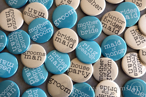 Bridal Party Buttons typewriter style Teal and Champagne - bride, mother of the bride, mother of the groom, bridesmaid, maid of honor, matron of honor, junior bridesmaid, flower girl