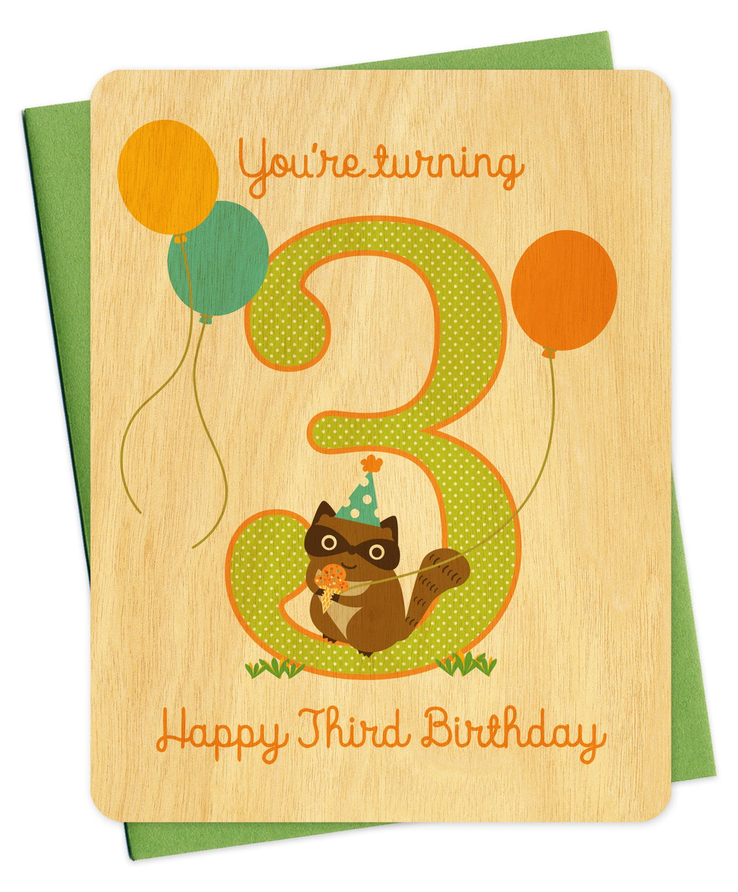 Raccoon You're Turning 3 Wood Third Birthday Card
