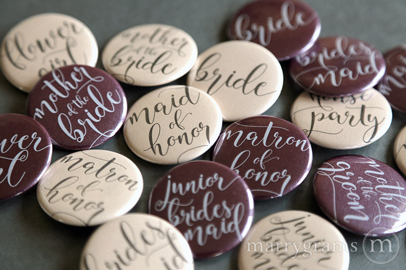 Bridal Party Buttons Darling Style - mother of the bride and groom, bride, maid of honor, matron of honor, junior bridesmaid, flower girl, bridesmaid buttons